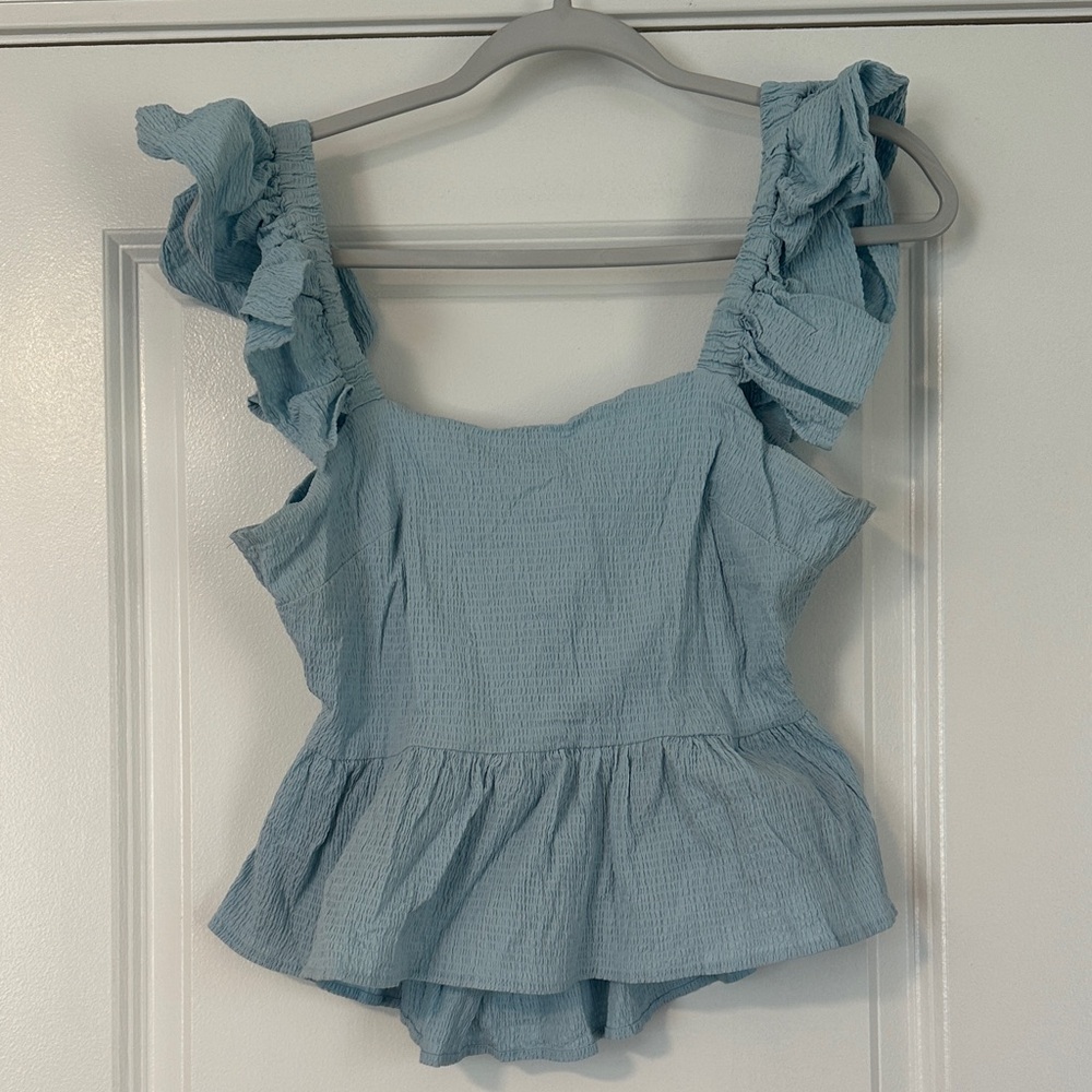 Baby Blue Ruffled Tie Bow Peplum Top